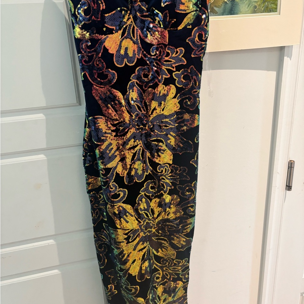 privy Black Midi Dress Gold and red Floral Sequin velvet party evening slip